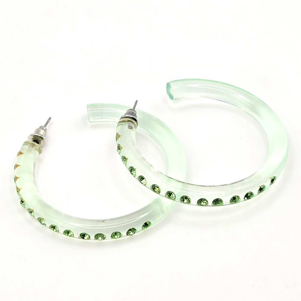 Vintage Pale Green Lucite Hoop Earrings Rhinestone Fluorescent Acrylic C-Hoops